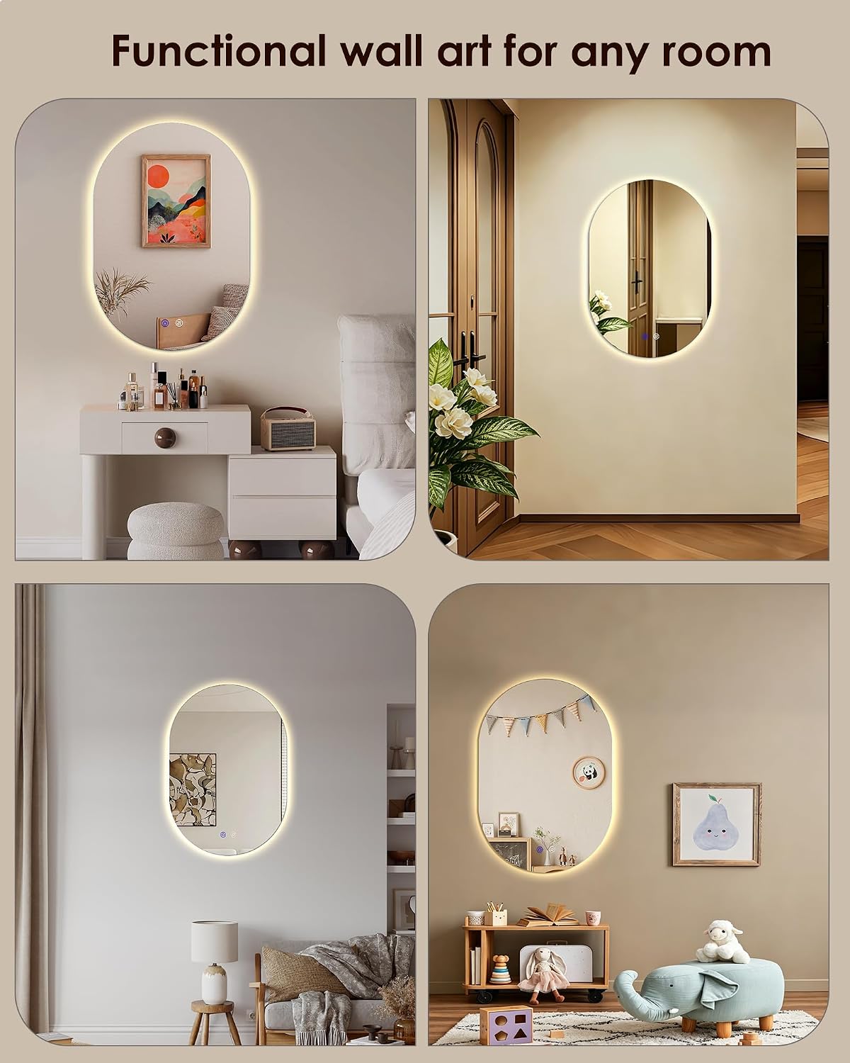 Irregular LED Bathroom Mirror 32"x22" Dimmable Anti Fog | Oval Shape, Shatterproof tempered glass, 3 color temps (3000K-6000K), stepless dimming, Mount vertical or horizontal