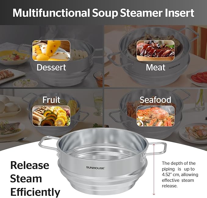 SUNHOUSE 5 Quart Stainless Steel Steamer Insert – Multi-Purpose Soup & Food - Image 4