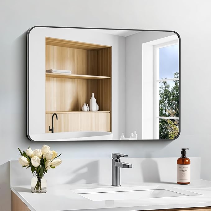 Bathroom Mirror, 18 x 24 inch Metal Framed Black Rectangle Mirror, Rounded - Image 5