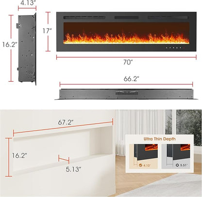 70 inch Ultra-Thin Electric Fireplace Recessed and Wall Mounted - Image 7