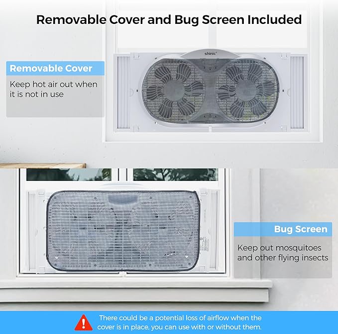 shinic 9" Twin Window Fan with Reversible Airflow, Removable Cover and Bug - Image 2