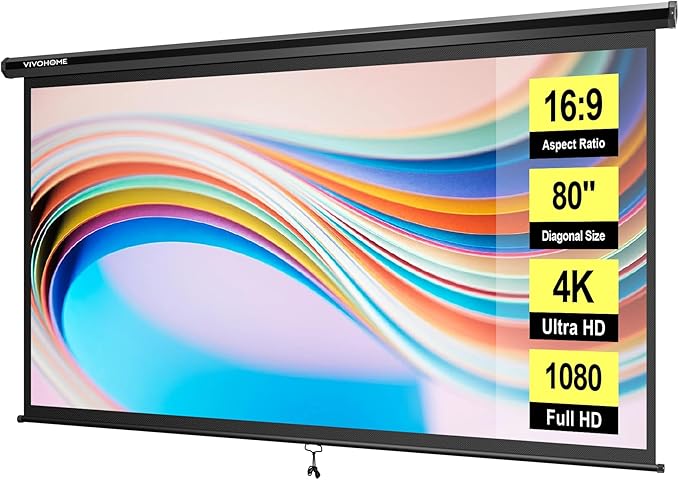 VIVOHOME 80 Inch 16:9 Pull Down Projector Screen, HD 4K Retractable Movie Screen by VIVOHOME
