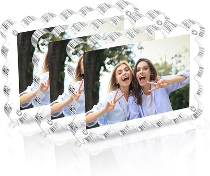 Chivalral 3 Pack 4x6 Acrylic Picture Frame, Double-Sided Tabletop Display | Scalloped Edge Design,10+10mmThick,Magnetic Photo Frames,Horizontal/Vertical,Gift for Birthday Wedding Anniversary,Home decor