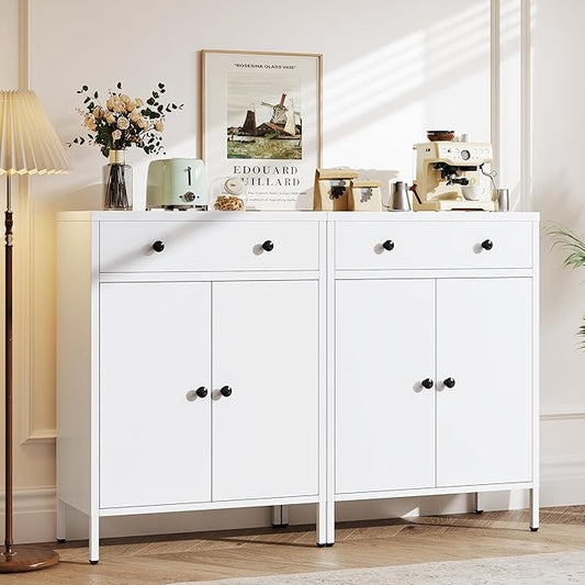 Metal Storage Cabinet with Drawer and Adjustable Shelf, 2-Piece Set White Steel by TaskStorz