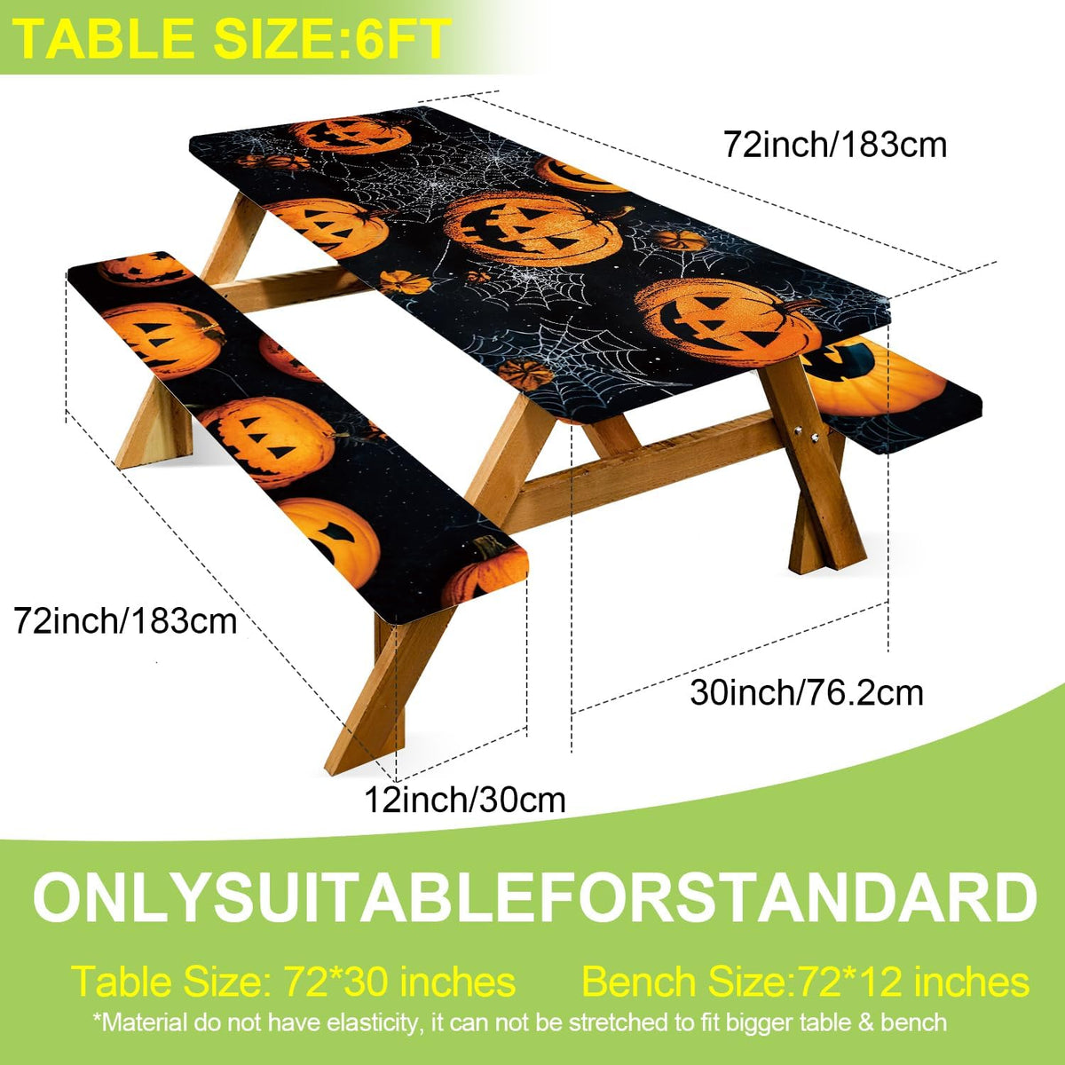 ANNA QUEEN Halloween Pumpkin 6FT Picnic Table Cover Set, Spooky 3PCS 72"...