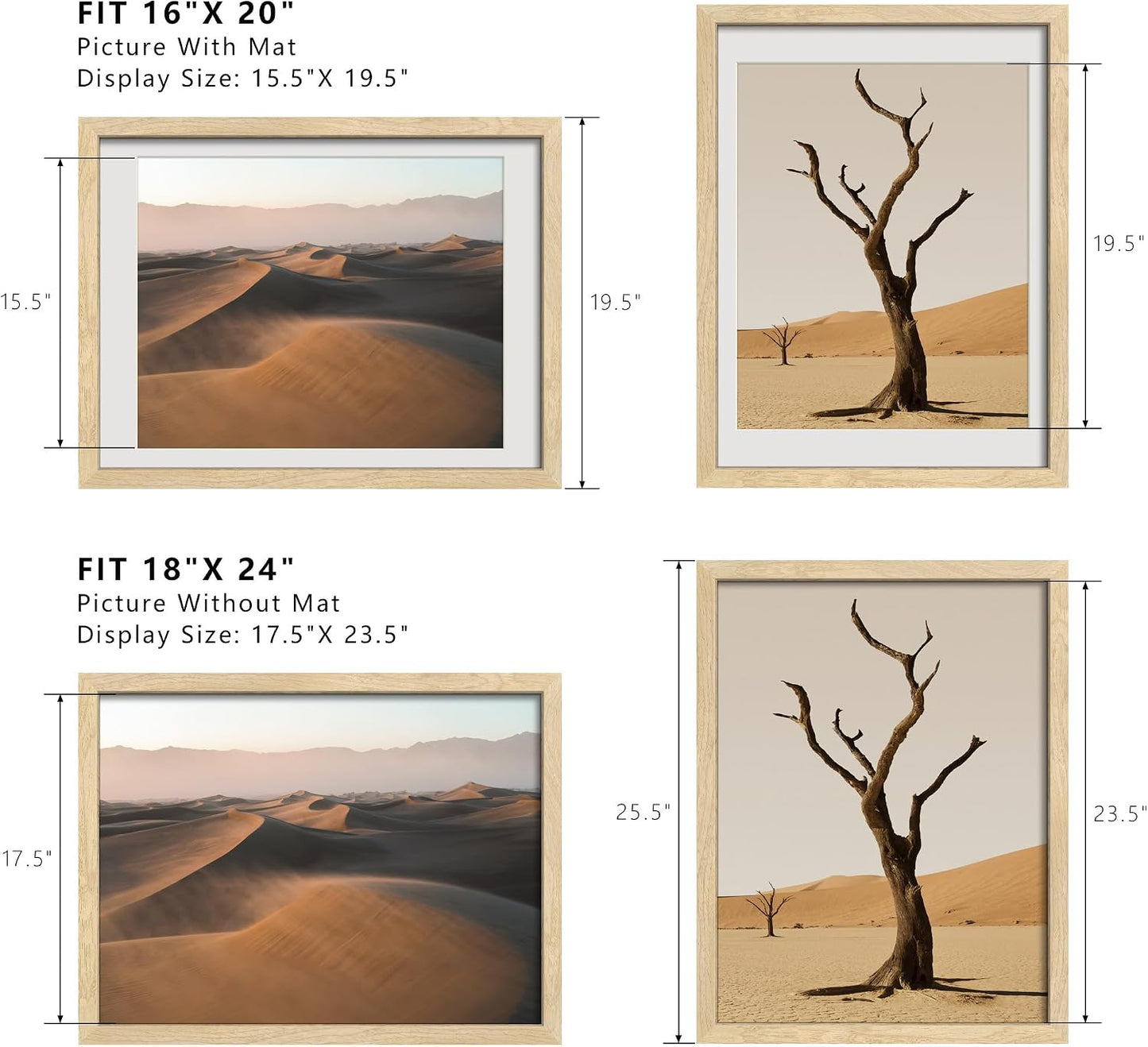 18x24 Poster Frames - 3 Pack, Natural Solid Wood Picture Wide Border Frame, Display 16x20 with Mat or 18 x 24 Without, Vertical & Horizontal Wall Mount