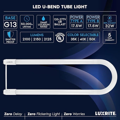 Luxrite U Bend LED Tube Light, T8 T12, 3 Colors 3500K | 4000K | 5000K, 2100 - Image 7