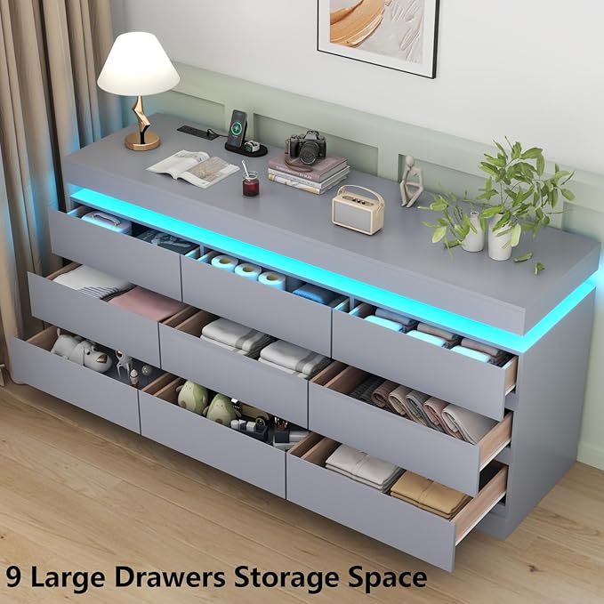9 Drawer Dresser with Power Outlet, Dresser with LED Light, Modern Chest of - Image 5