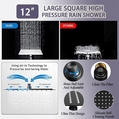 12" High Pressure Square Rain Shower Head and 2-in-1 Hand Shower, Rainfall - Image 7