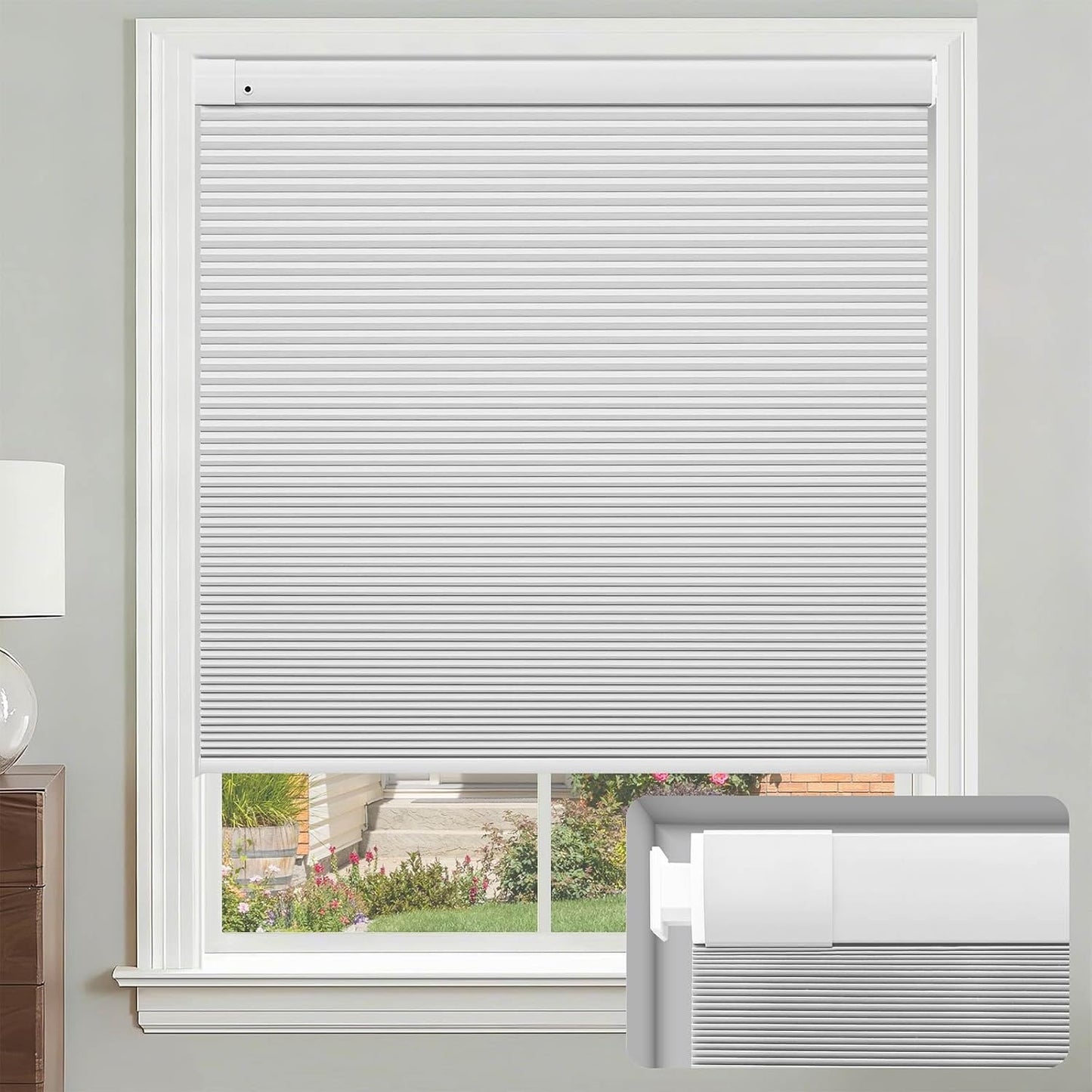 No Drill Blackout Cellular Shades, White, 31" W x 64" H | Thermal Insulated, Privacy Protection, Noise Reduction, Cordless Safe Design, Easy Install, Pull Down Pleated Honeycomb Blind