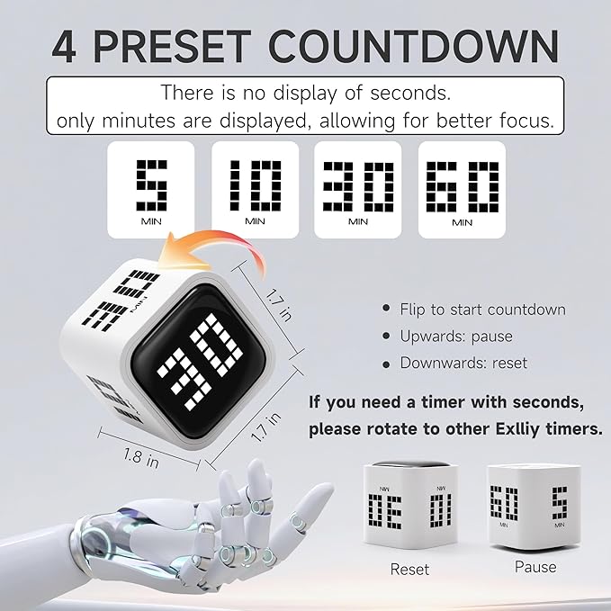 Rotating Productivity Timer 5, 60 Minutes Preset, Desk Cube w/Gravity Sensor - Image 2