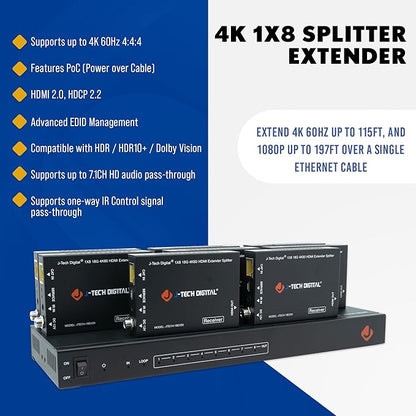 J-Tech Digital HDMI 2.0 4K Extender Splitter Over Single Cable CAT6 - Image 2