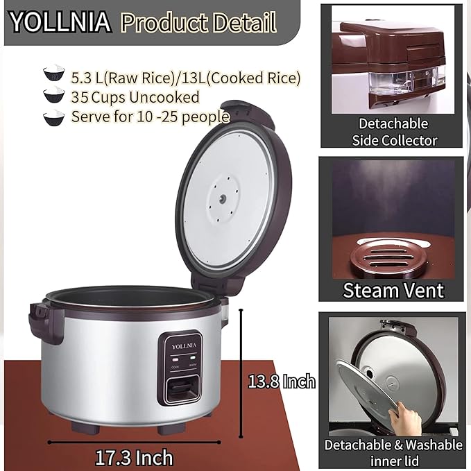 Commercial Large Rice Cooker & Food warmer | 13.8QT/65 Cup cooked rice | - Image 5