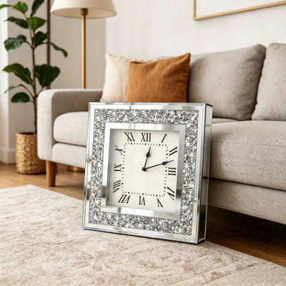 Crystal Crush Diamond Mirrored Square Wall Clock with Sparkle Twinkle Bling Diamond Decor for Wall Decoration, 12x12inch Decorative Silver Mirror Quartz Clock for Home Decor. AA Battery not included