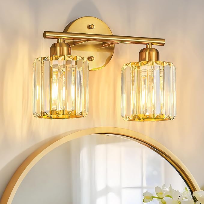 FDPBY Modern 2 Light Crystal Vanity Light, Brushed Gold Vertical Bathroom Light by FDPBY