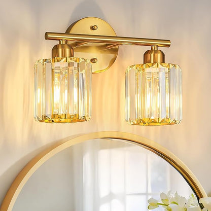 FDPBY Modern 2 Light Crystal Vanity Light, Brushed Gold Vertical Bathroom Light by FDPBY