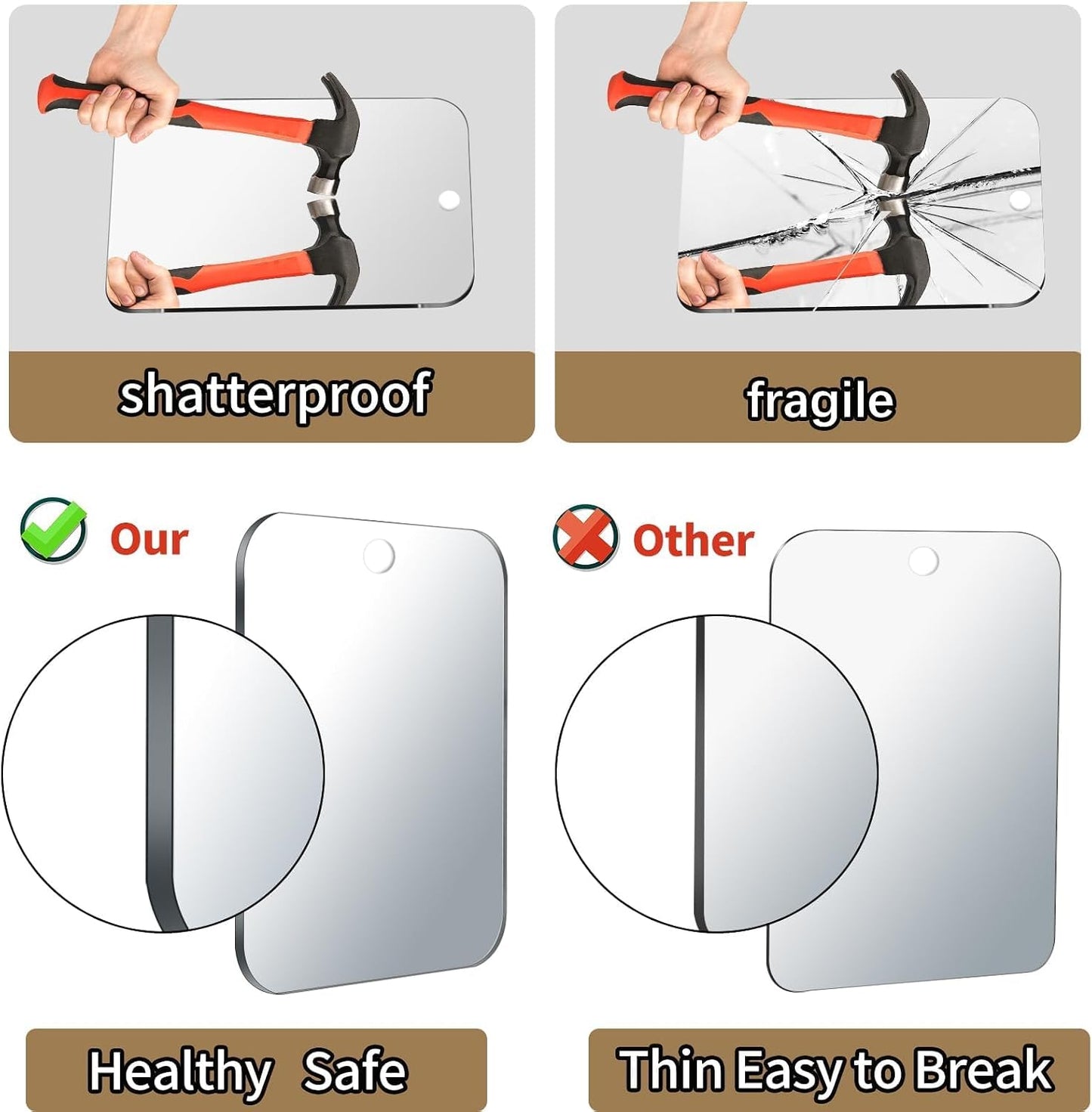 Shower Mirror Fogless for Shaving,(Larger 11x8 Inch) Anti Fog Shaving Mirror Holder NO-Drilling, No Fog Free Waterproof,Small Wall Mounted Bathroom Accessories Camping Hanging with Hook