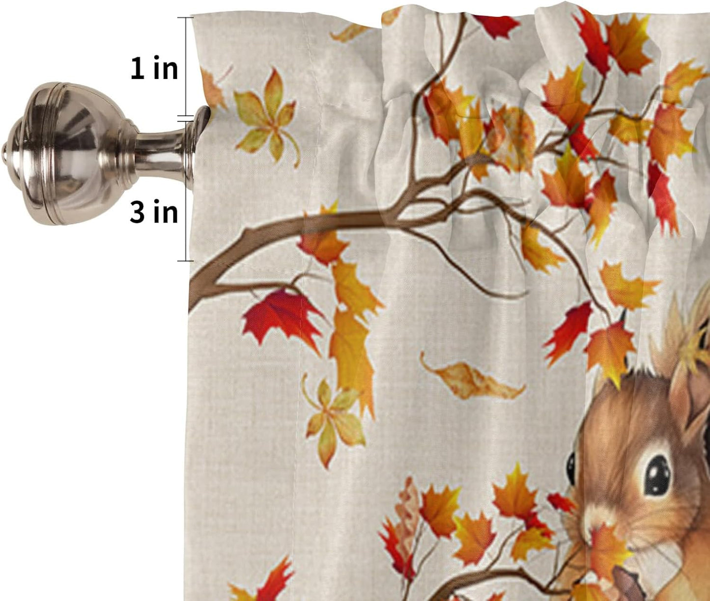 Squirrel Fall Window Valance Curtains, Farmhouse Maple Tree Leaf Window Treatment for Kitchen, Bathroom, Bedroom, Thanksgiving Day Autumn Botanical Rod Pocket Short Curtain 1 Panel, 54x18 in