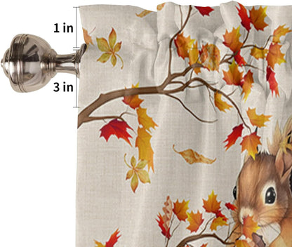 Squirrel Fall Window Valance Curtains, Farmhouse Maple Tree Leaf Window Treatment for Kitchen, Bathroom, Bedroom, Thanksgiving Day Autumn Botanical Rod Pocket Short Curtain 1 Panel, 54x18 in