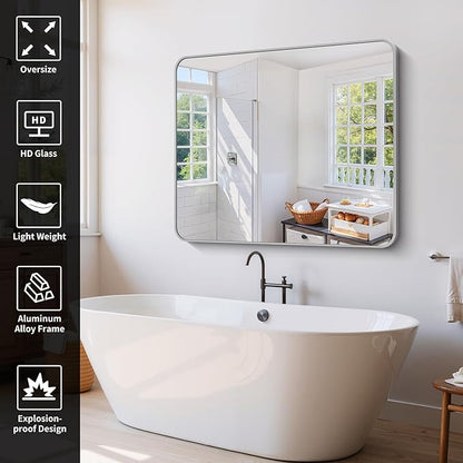 48x40 Inch Silver Bathroom Mirror, Large Rectangle Mirror, Metal Framed - Image 3
