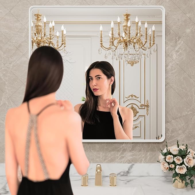 LOAAO 36x36 Inch White Metal Framed Bathroom Mirror - Image 2