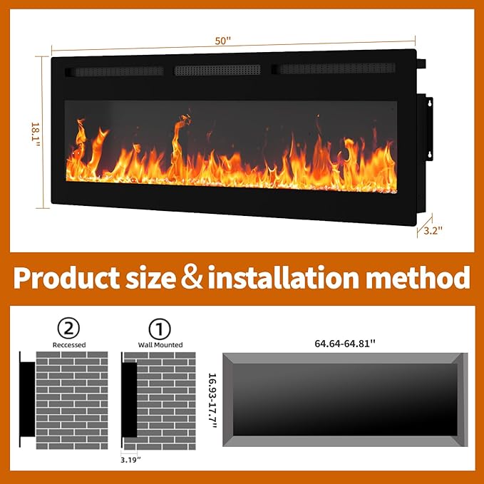 50" Smart Electric Fireplace Wall Mount, 1500w Heater - Image 8