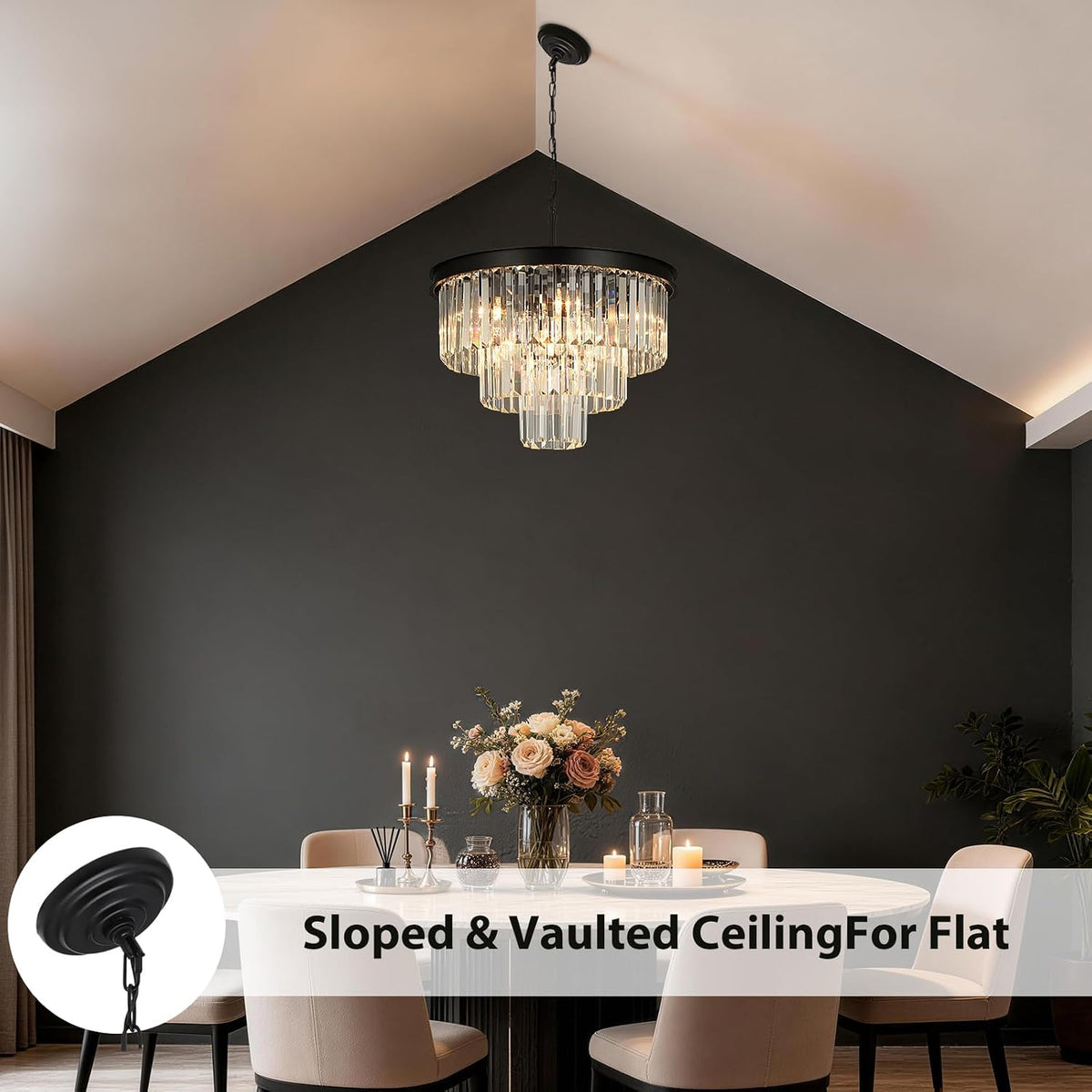 Weesalife Black Crystal Chandeliers for Dining Room，9-Lights D20 Inch