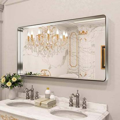 LOAAO 55X30 Inch Brushed Nickel Bathroom Mirror, Rounded Rectangle Silver Metal - Image 8