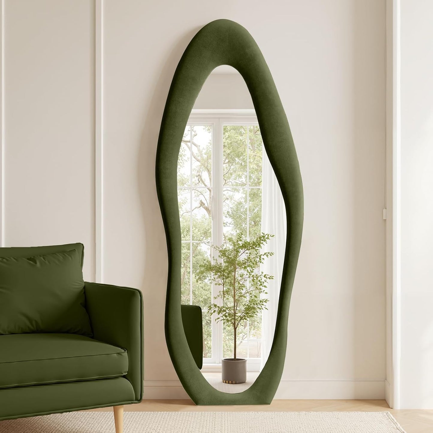 Anpark Full Length Mirror 63"x24" Irregular Full Body Wall Mounted Floor Mirror with Stand Green Flannel Wrapped Frame Leaning Hanging Wall Mirror for Bedroom Entrance Hallway