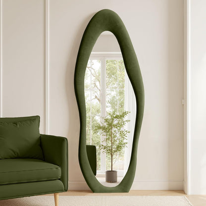 Anpark Full Length Mirror 63"x24" Irregular Full Body Wall Mounted Floor Mirror with Stand Green Flannel Wrapped Frame Leaning Hanging Wall Mirror for Bedroom Entrance Hallway