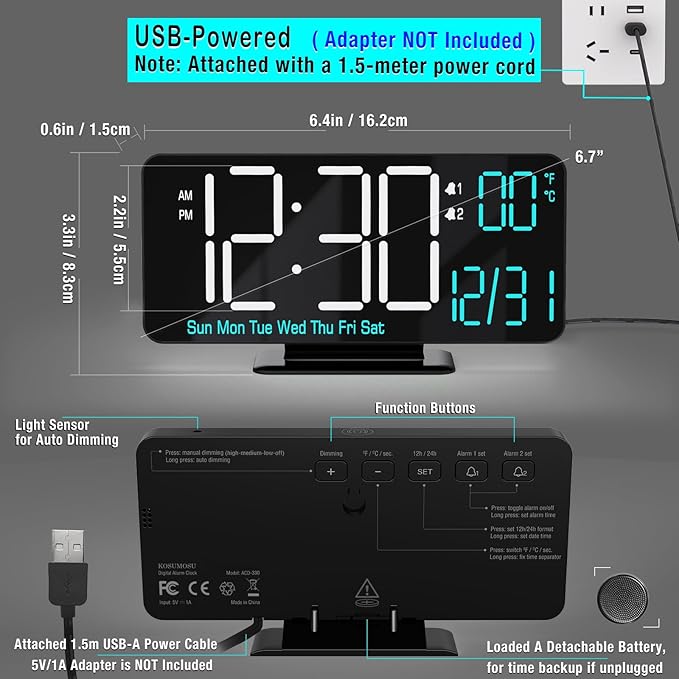 KOSUMOSU Digital Clock for Bedroom 6.7in Small Digital Alarm Clock Black - Image 4