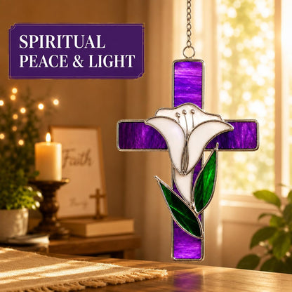 SassyXpressions Stained Glass Cross with Lily – 9x5inch – Handcrafted Window Hanging Christian Cross – Decorative Home Décor, Prayer Room Ornament – Religious Keepsake, Faith-Inspired Christian Gift