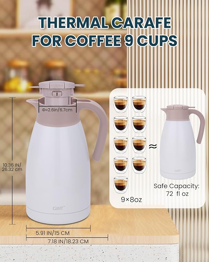 GiNT 2.2L / 74Oz Thermal Coffee Carafe, Insulated Stainless Steel Coffee Carafes - Image 4