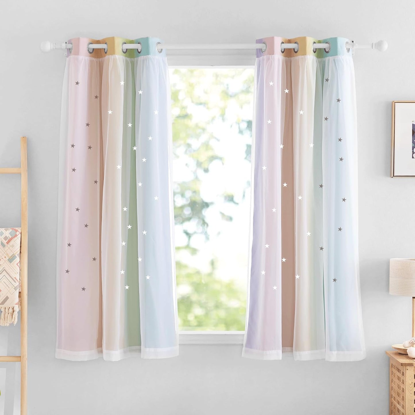 NICETOWN 2 Panels Blackout Curtains for Kids Girls Bedroom Living Room Colorful Double Layer Star Cut Out Stripe Rainbow Window Wall Home Decoration,W34 x L63 Inches, Rainbow