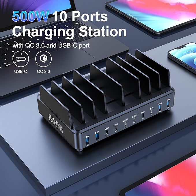 chipofy 500W Charging Station for Multiple Devices, 10-Port Multi USB C Fast - Image 9
