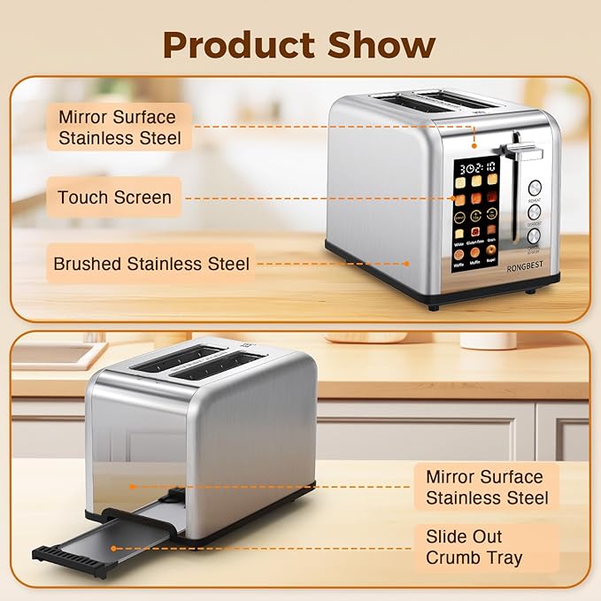 2 Slice Easy Touch Screen Toaster, Stainless Steel Toaster - Image 9