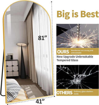 DMWOODFL 81"x41" Arched Full Length Mirror - Extra Large Floor Standing/Wall Mounted Mirror with Stand, Shatter-Resistant Gold Aluminum Frame for Bedroom, Living Room & Dressing Area