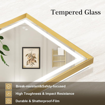 LED Bathroom Mirror 30"x36" Inch Brushed Gold Metal Frame Lighted Bathroom Vanity Mirror with Lights, Brighter Frontlit and Backlit Light up Anti Fog Mirror, 3-Color Dimmable, Memory Function