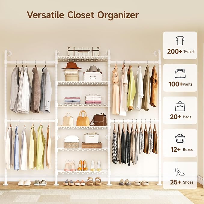 ONBRILL H3 Wall Mounted Closet System, Expandable Industrial Pipe Clothes Rack - Image 8