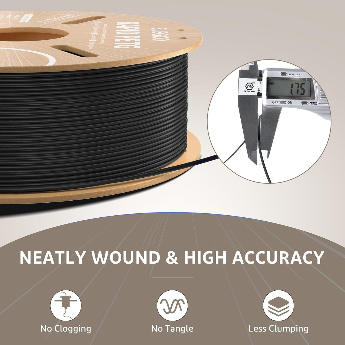 elegoo rapid petg 3d filament bundle 1.75mm black/white/beige/brown showing dimensions