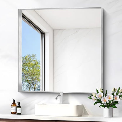 Silver Bathroom Mirror, 30x30 Inch Rectangular Framed Mirror, Large Wall by Unknown