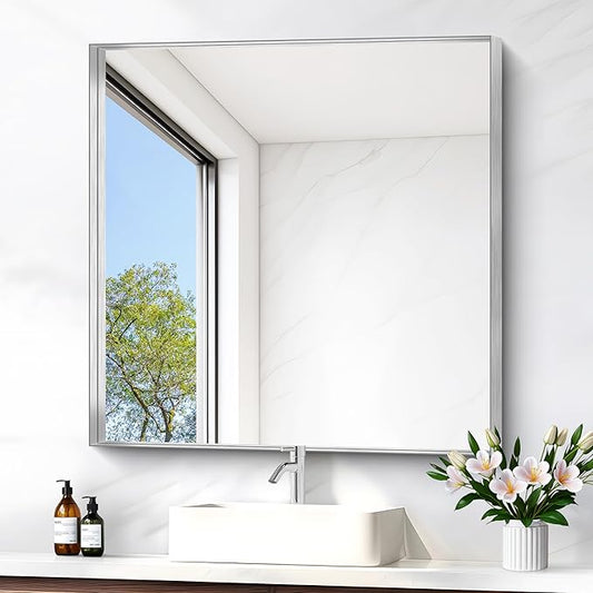 Silver Bathroom Mirror, 30x30 Inch Rectangular Framed Mirror, Large Wall by Unknown