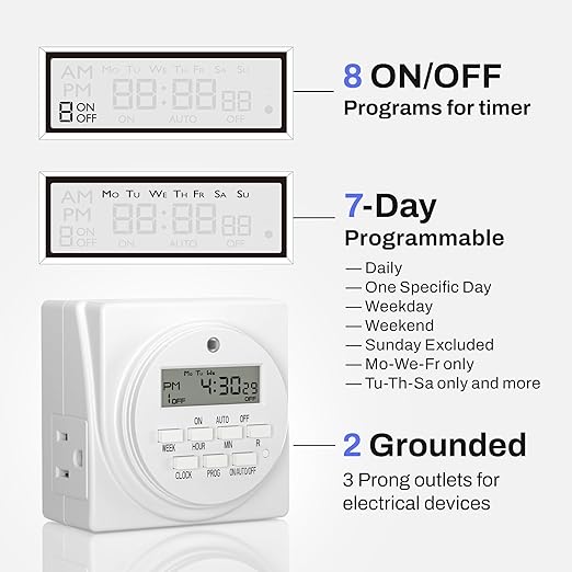 BN-LINK Indoor Digital Timer Outlet, Dual Outlet 7 Day Programmable Light Switch - Image 3