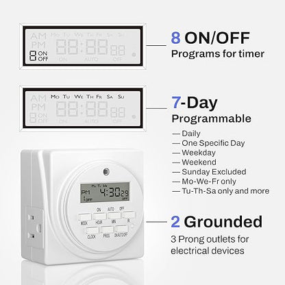 BN-LINK Indoor Digital Timer Outlet, Dual Outlet 7 Day Programmable Light Switch - Image 3