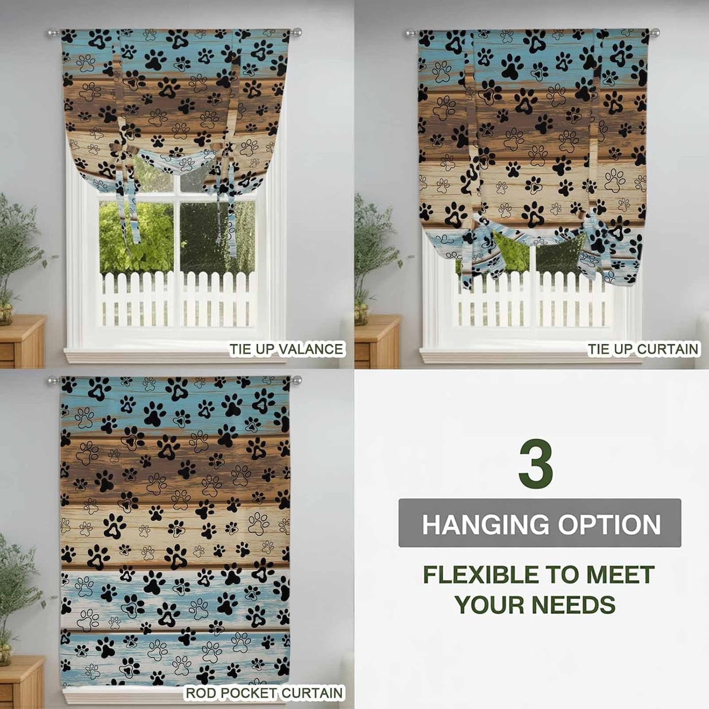 Cute Dog Claws Tie Up Curtains for Window, Farmhouse Blue Wooden Puppy Pawprints Thermal Insulated Balloon Shade Adjustable Rod Pocket Curtains Valance Panels for Kitchen Bathroom Café 52'' x 45''
