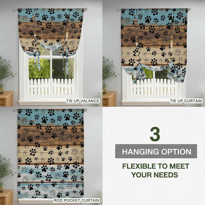 Cute Dog Claws Tie Up Curtains for Window, Farmhouse Blue Wooden Puppy Pawprints Thermal Insulated Balloon Shade Adjustable Rod Pocket Curtains Valance Panels for Kitchen Bathroom Café 52'' x 45''