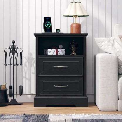 Nightstand with Charging Station Set of 2, Farmhouse Wood Small Dresser - Image 3