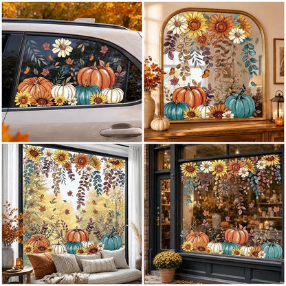 8 Sheets Fall Window Clings Sunflower Pumpkin Sticker Autumn Glass Decor | Butterfly Hanging Vine Leaves Window Decals Static Reusable for Thanksgiving Harvest Party Decoration Home Office Decorations