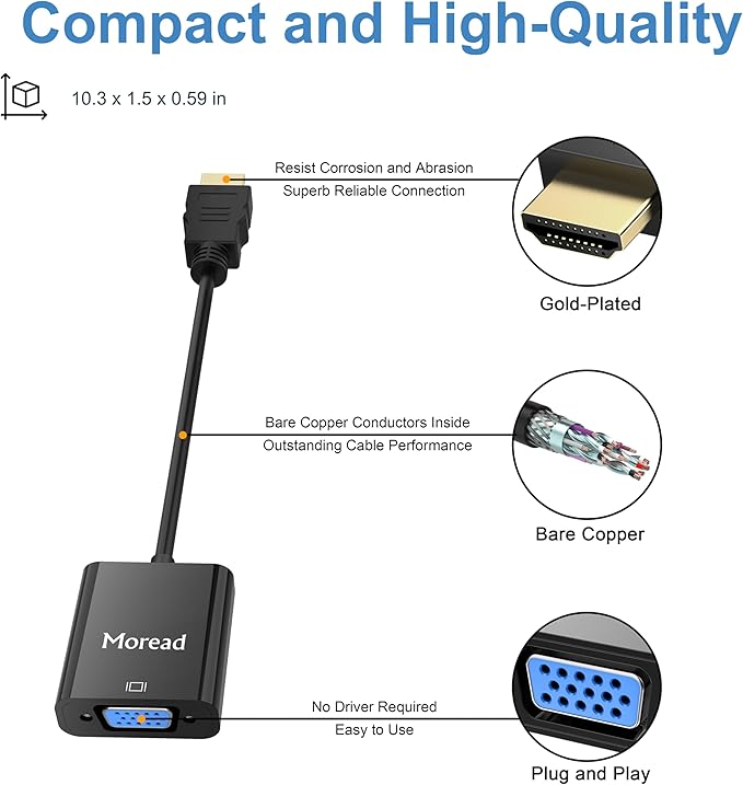 Moread HDMI to VGA, Uni-Directional Gold-Plated HDMI to VGA Adapter - Image 5