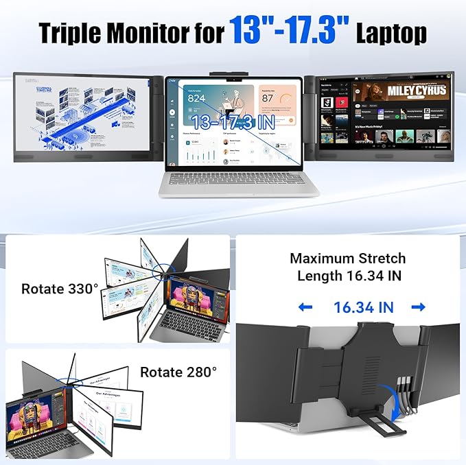 Laptop Screen Extender 14 inch Laptop Monitor Extender 1080P IPS, Triple - Image 6